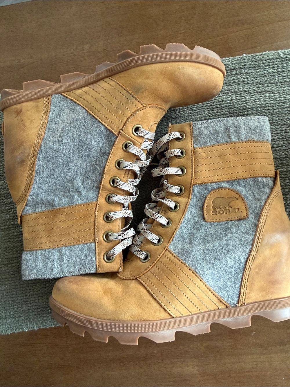 Sorel Tan Leather & Gray Wool-Blend Lace-Up Wedge Boots - Picture 4 of 4